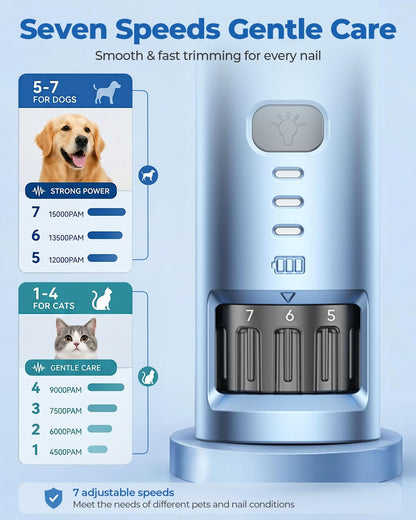 CATPICK 7-Speed Quiet Dog & Cat Nail Grinder with 360° LED for Thick Nails