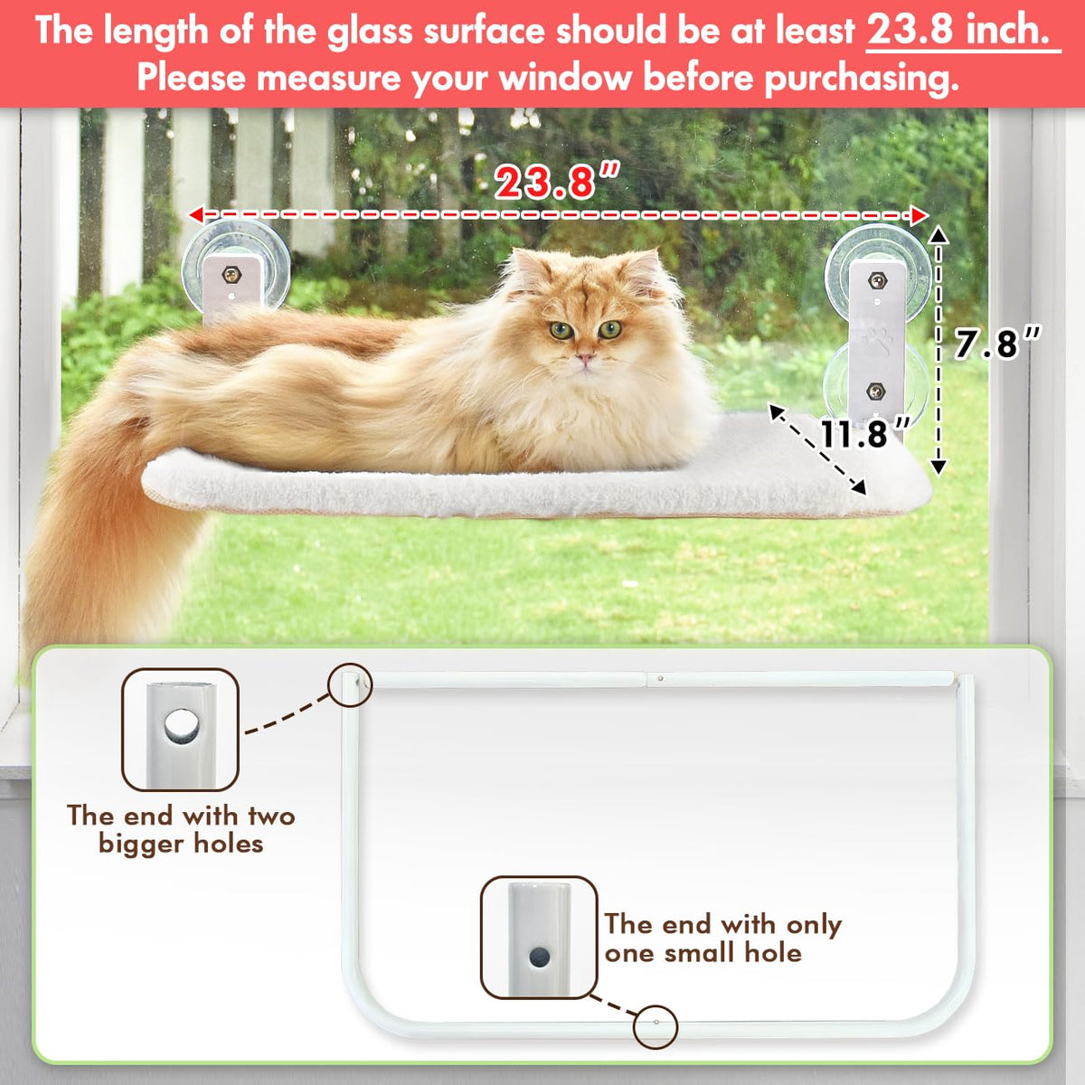 AMOSIJOY Cordless Cat Window Perch with Cushion Bed Metal Frame, L Gray