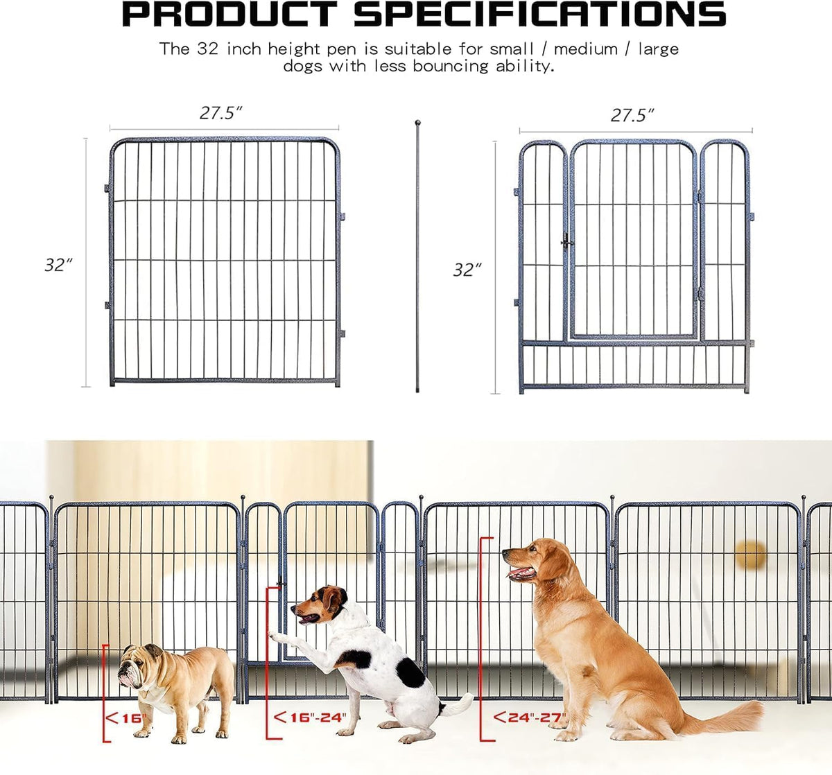 Dog Playpen,32/40/45 Inch Height in Heavy Duty, Folding Indoor Outdoor Anti-Rust Dog Exercise Fence, Portable Pet Playpen with Door for Large Medium Small Dogs and Pet (16 Panels, 32 Inch) Silver