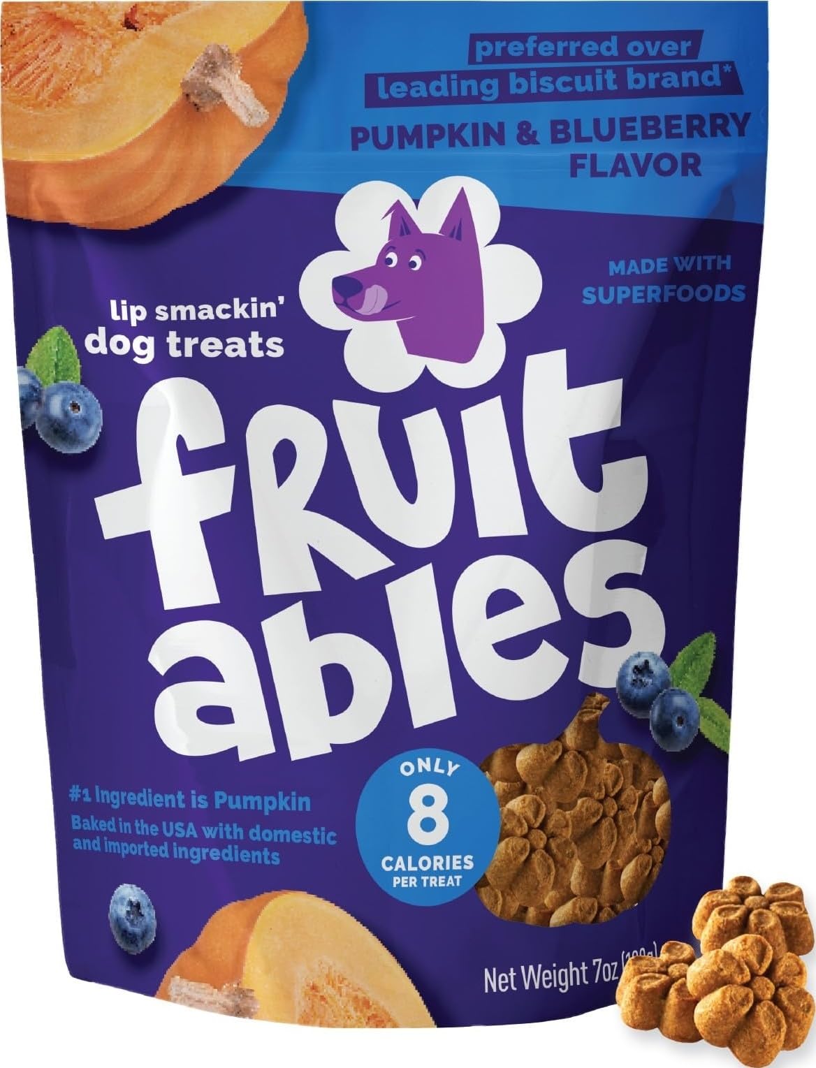 Fruitables Baked Dog Treats, Low Calorie Treats, Pumpkin & Blueberry, 12oz
