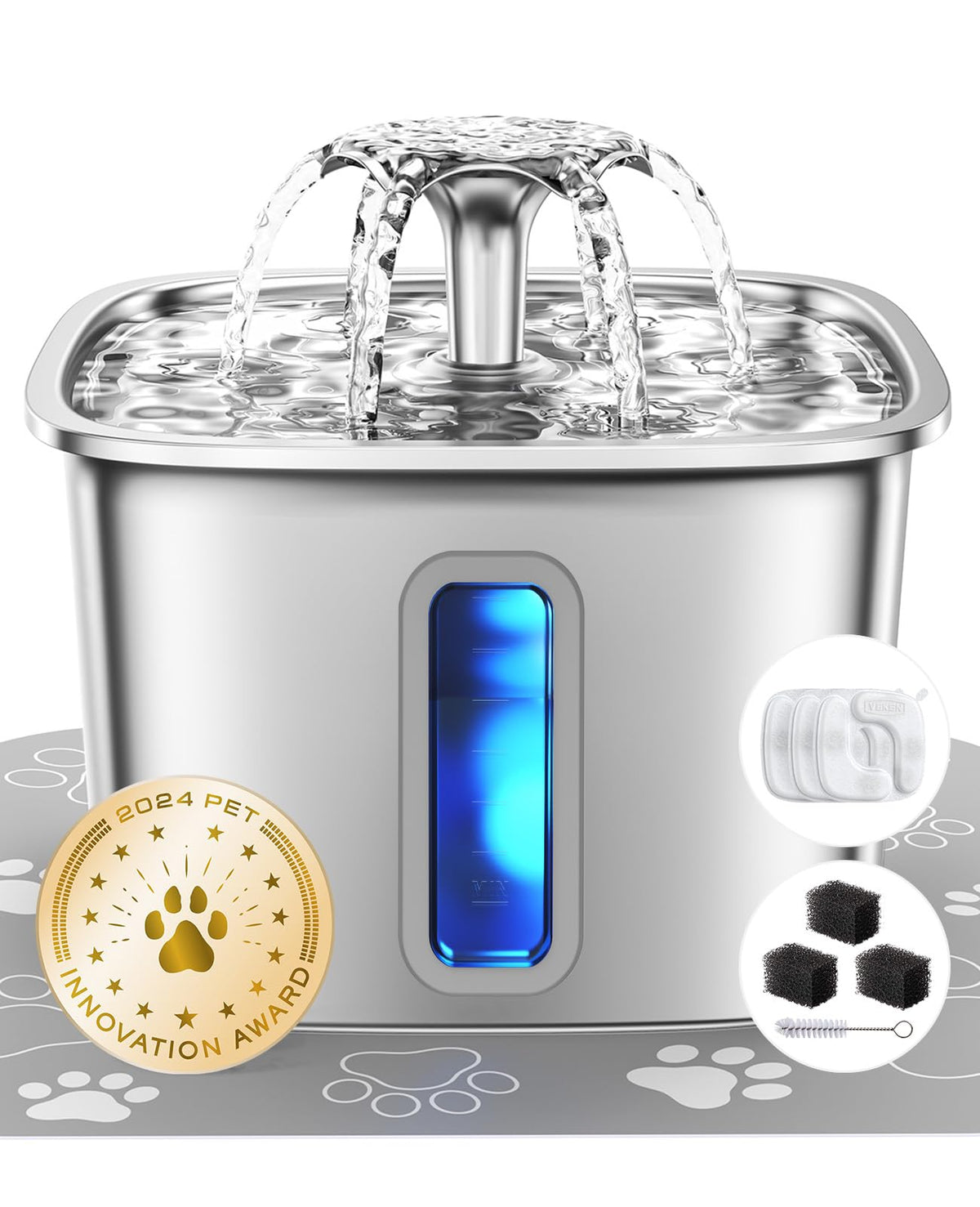 Veken Innovation Award Winner Stainless Steel Cat Water Fountain, 108oz, C1