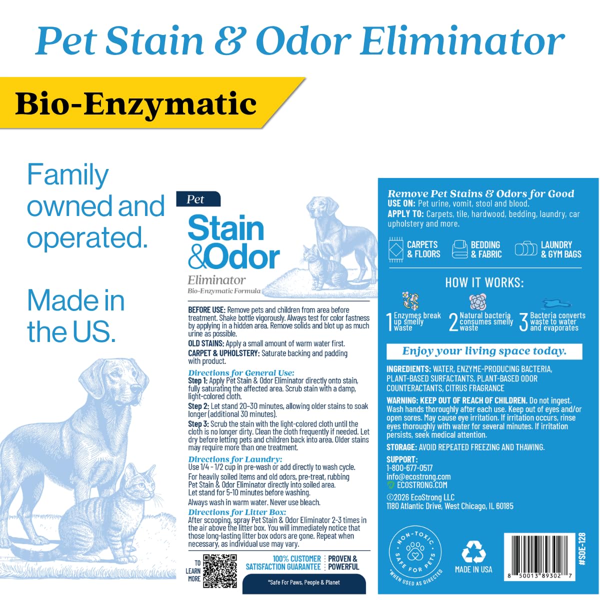 Eco Strong Pet Stain and Odor Remover - Pet Odor Eliminator, Urine Destroyer for Dogs, Pet Urine Enzyme Cleaner | Santel Woods - 128 oz