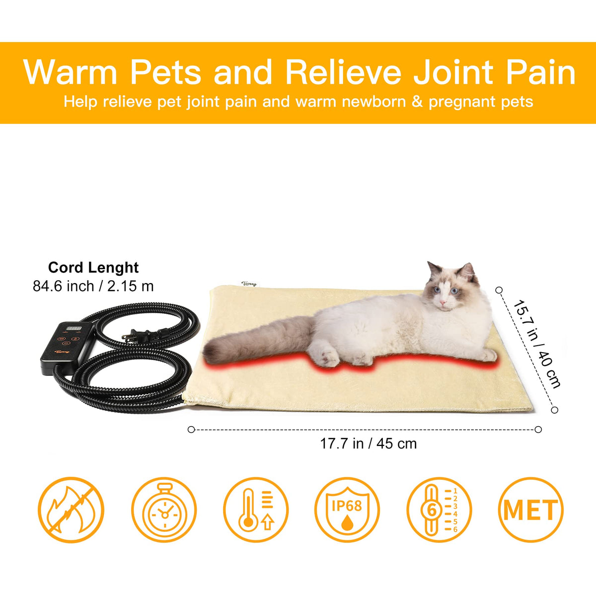 Toozey Cat Heating Pad for Cats & Dogs, Heated Bed Mat, 18 x 16 in, Grey