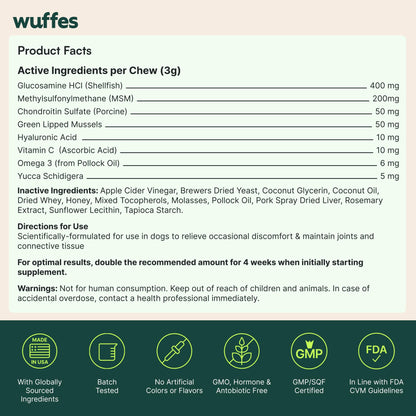 Wuffes Advanced Hip & Joint Supplement (2-Pack) - Soft Chews for Large Dogs with Glucosamine, Chondroitin, Omega 3, MSM & Green Lipped Mussel, Supports Mobility & Flexibility, 60 Pork Flavored Chews
