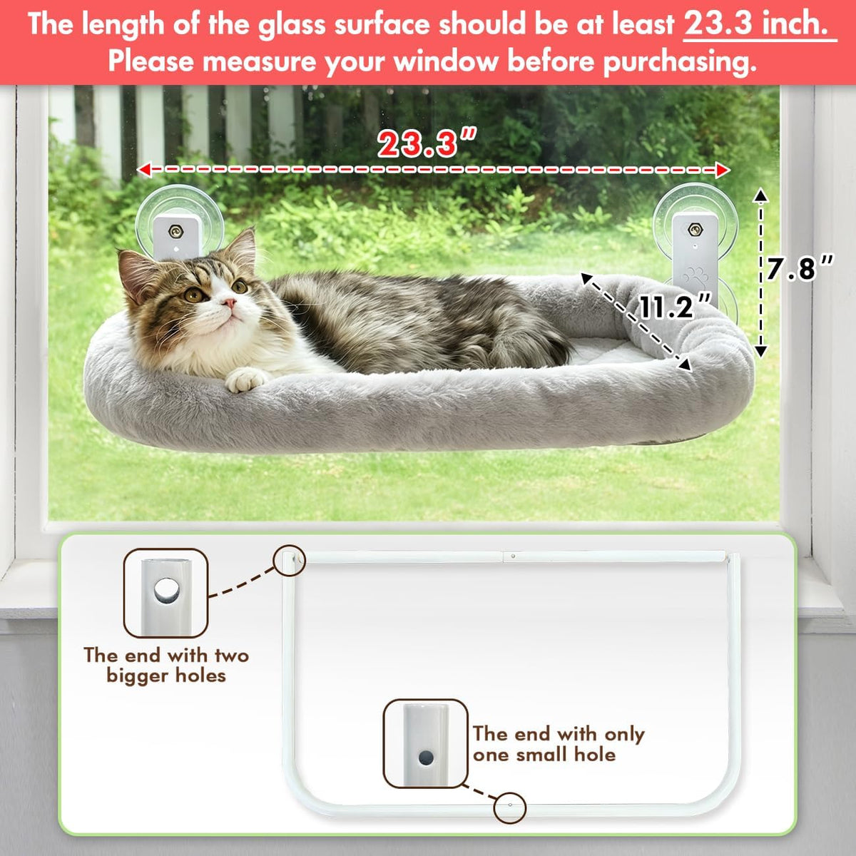 AMOSIJOY Cordless Cat Window Perch with Cushion Bed Metal Frame, L Gray