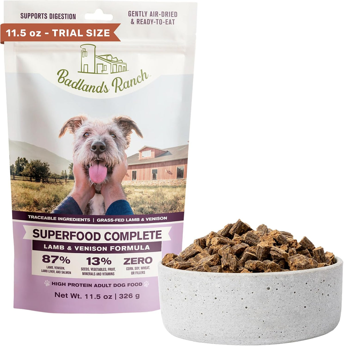 BADLANDS RANCH Air-Dried Lamb & Venison Dog Food, 87% Meat, 11.5 oz