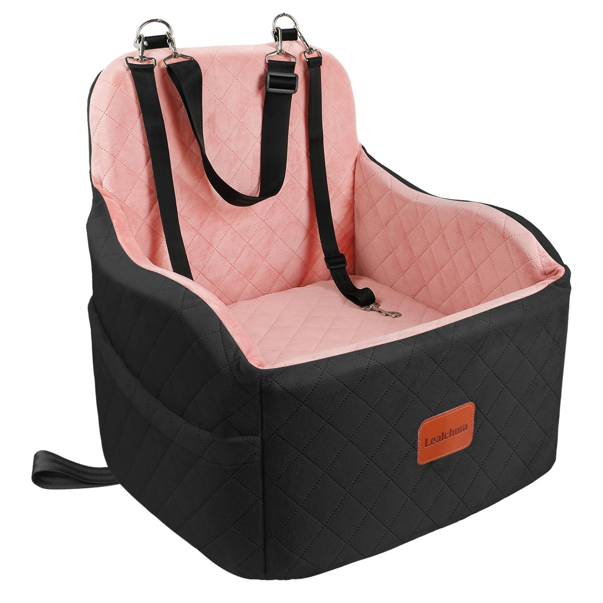 Lealchum Dog Booster Car Seat for S/M Dogs Up to 35lbs,Soft 6in Elevated Cushion,Fits in Front/Back Seat,Fully Detachable and Washable,2 Storage Pockets & 3 Straps,Easy to Install (Black/Brown,Medium)