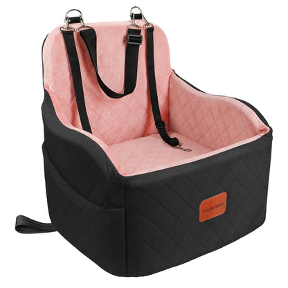 Lealchum Dog Booster Car Seat for S/M Dogs Up to 35lbs,Soft 6in Elevated Cushion,Fits in Front/Back Seat,Fully Detachable and Washable,2 Storage Pockets & 3 Straps,Easy to Install (Black/Brown,Medium)