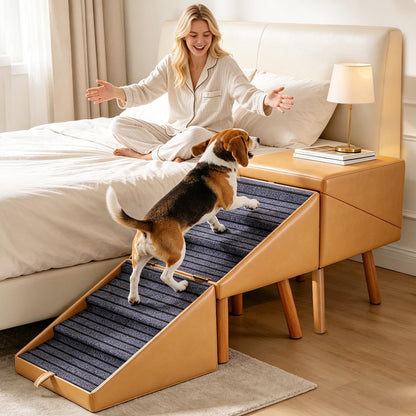Dog Stairs for Small Dogs Faux Leather Foldable Pet Ramp and Ottoman