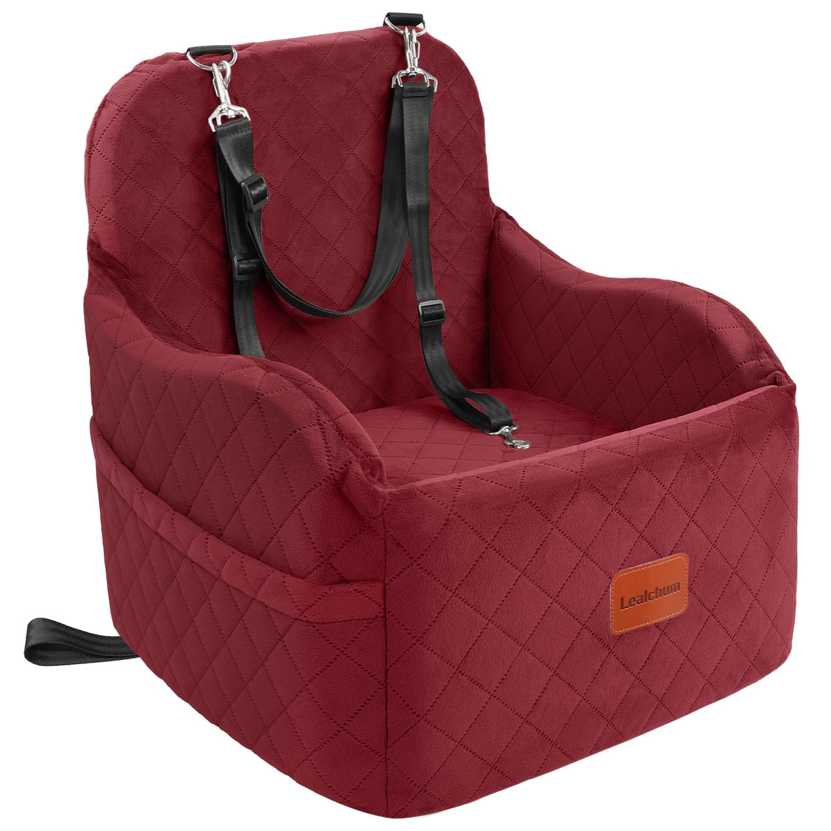 Lealchum Dog Booster Car Seat for S/M Dogs Up to 35lbs,Soft 6in Elevated Cushion,Fits in Front/Back Seat,Fully Detachable and Washable,2 Storage Pockets & 3 Straps,Easy to Install (Black/Brown,Medium)