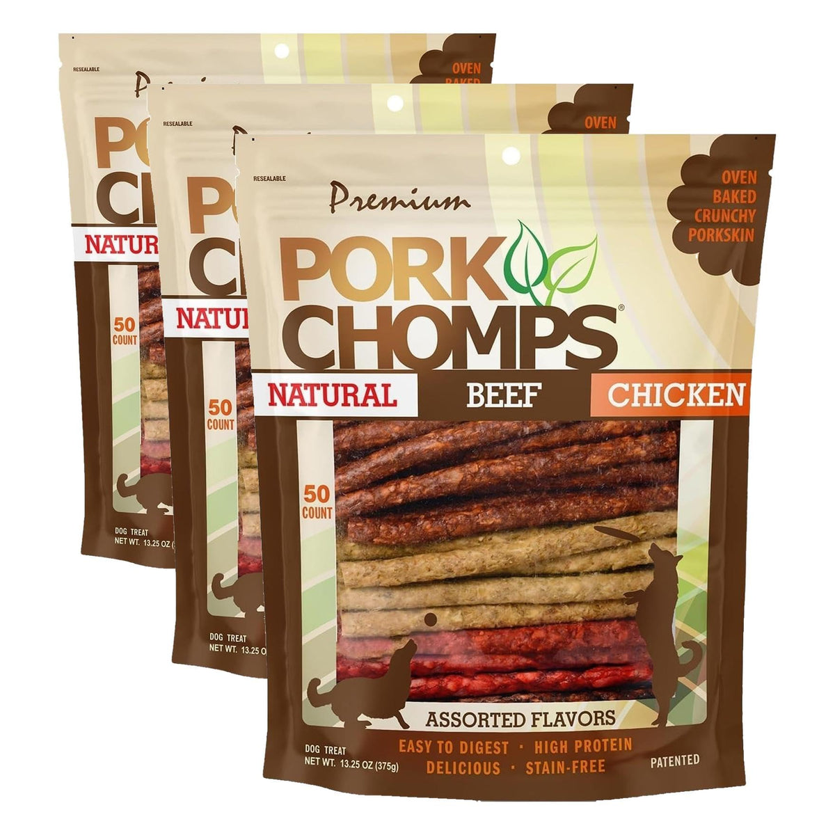 Pork Chomps Dog Chews, 5 in Munchy Sticks, Assorted Flavors, 50 Count