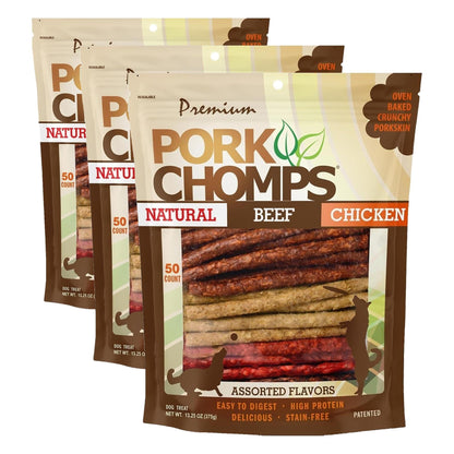 Pork Chomps Dog Chews, 5 in Munchy Sticks, Assorted Flavors, 50 Count