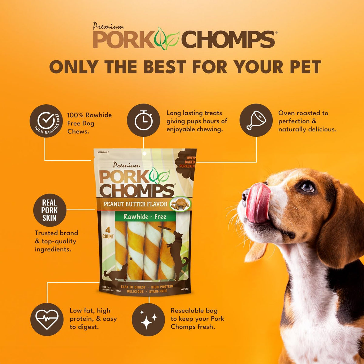 Pork Chomps Baked Pork Skin Dog Chews, 6 in Twists, Peanut Butter, 4 Count