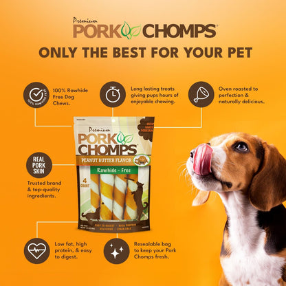 Pork Chomps Baked Pork Skin Dog Chews, 6 in Twists, Peanut Butter, 4 Count