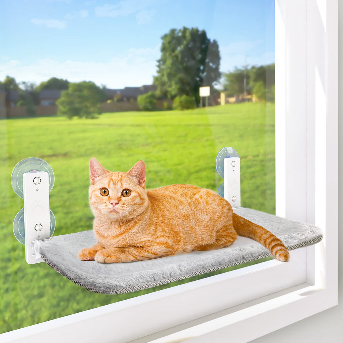 AMOSIJOY Cordless Cat Window Perch with Cushion Bed Metal Frame, L Gray