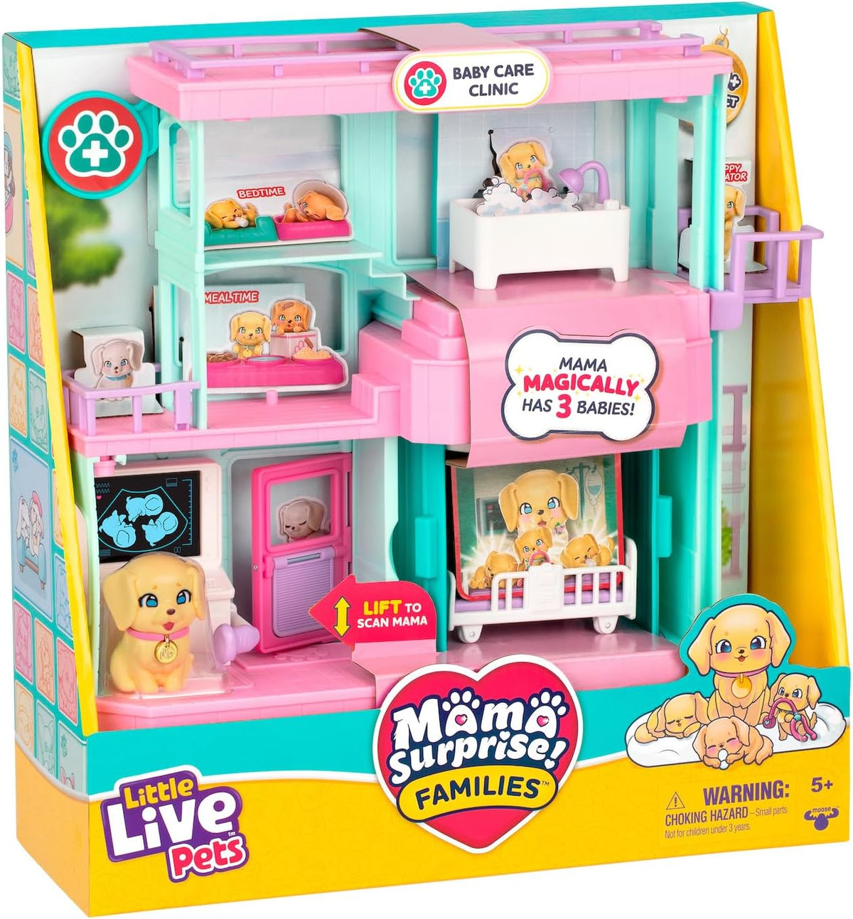 Little Live Pets Mama Surprise Families Pet Vet Playset, Baby Care Clinic Animal Hospital Play Set, 3 Puppies, Accessories, Vet Toys for Kids 5+