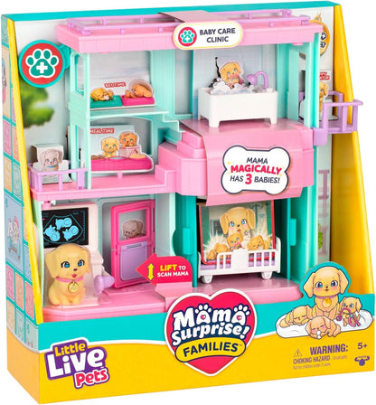 Little Live Pets Mama Surprise Families Pet Vet Playset, Baby Care Clinic Animal Hospital Play Set, 3 Puppies, Accessories, Vet Toys for Kids 5+