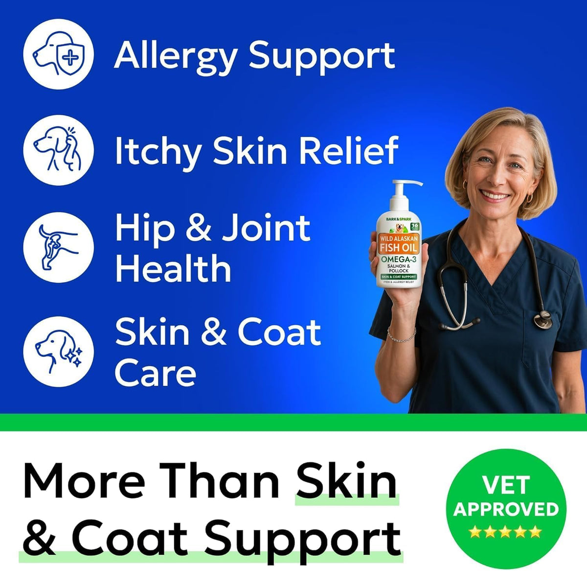 Omega 3 + Fish Oil for Dogs - Skin & Coat Support, Itch & Allergy Relief