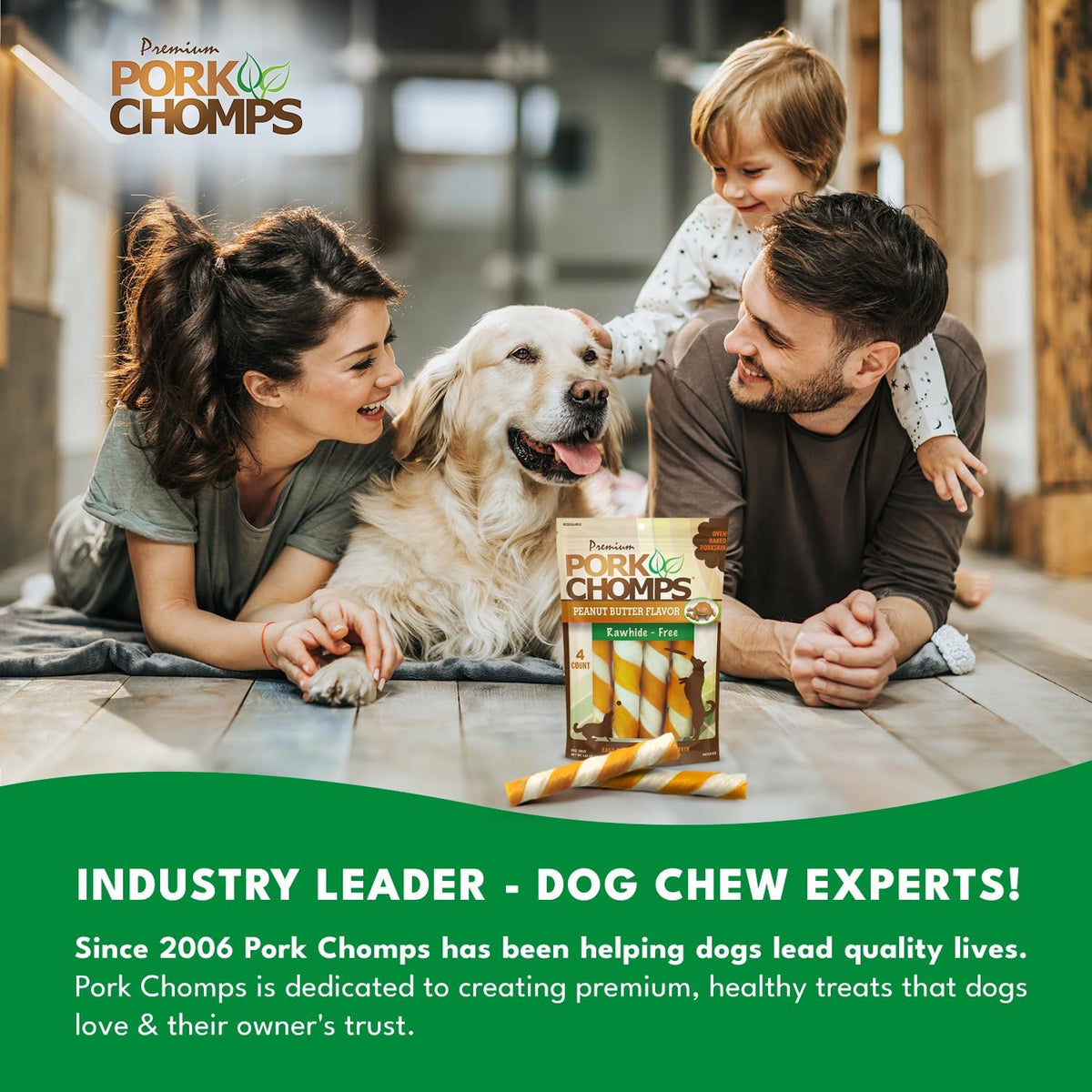 Pork Chomps Baked Pork Skin Dog Chews, 6 in Twists, Peanut Butter, 4 Count