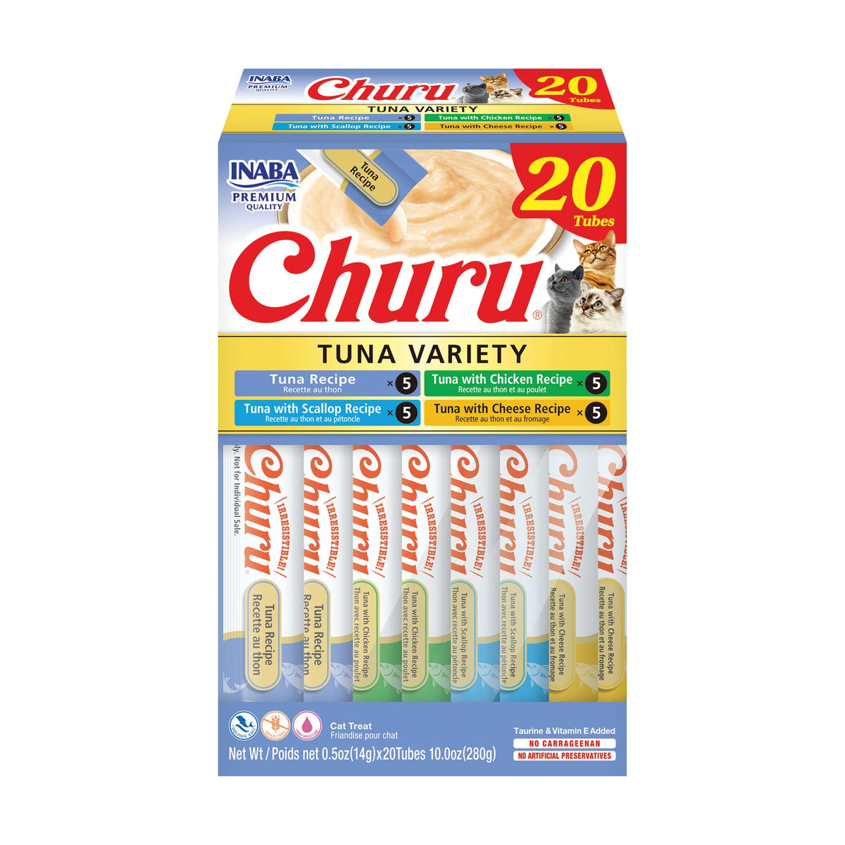 INABA Churu Cat Treats, Lickable, Squeezable Creamy Purée Cat Treat with Green Tea Extract & Taurine, 0.5 Ounces Each Tube, 20 Tubes, Chicken Variety Box