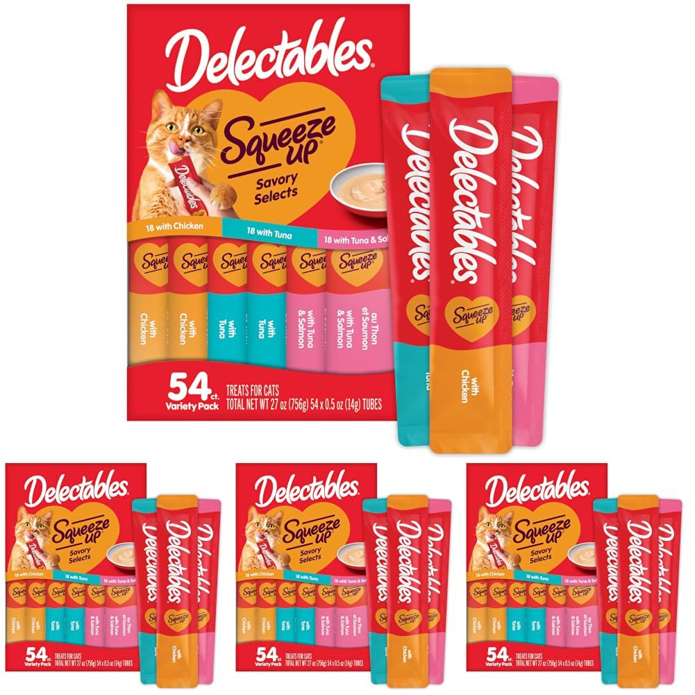 Delectables Squeeze Up Variety Pack, Creamy Squeezable Puree, Lickable Wet Cat Treats, Grain Free, No Added Fillers, No by-Products, No Added Preservatives, 0.5 Ounces Tube, 72 Tubes Total