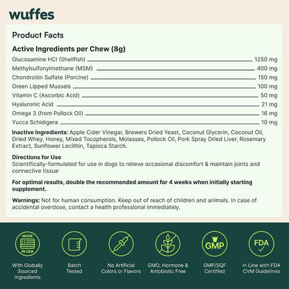 Wuffes Advanced Hip & Joint Supplement (2-Pack) - Soft Chews for Large Dogs with Glucosamine, Chondroitin, Omega 3, MSM & Green Lipped Mussel, Supports Mobility & Flexibility, 60 Pork Flavored Chews