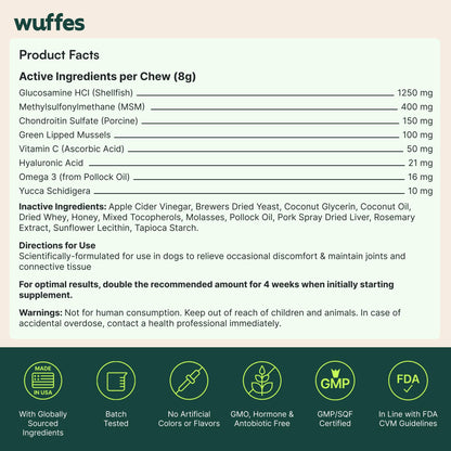 Wuffes Advanced Hip & Joint Supplement (2-Pack) - Soft Chews for Large Dogs with Glucosamine, Chondroitin, Omega 3, MSM & Green Lipped Mussel, Supports Mobility & Flexibility, 60 Pork Flavored Chews