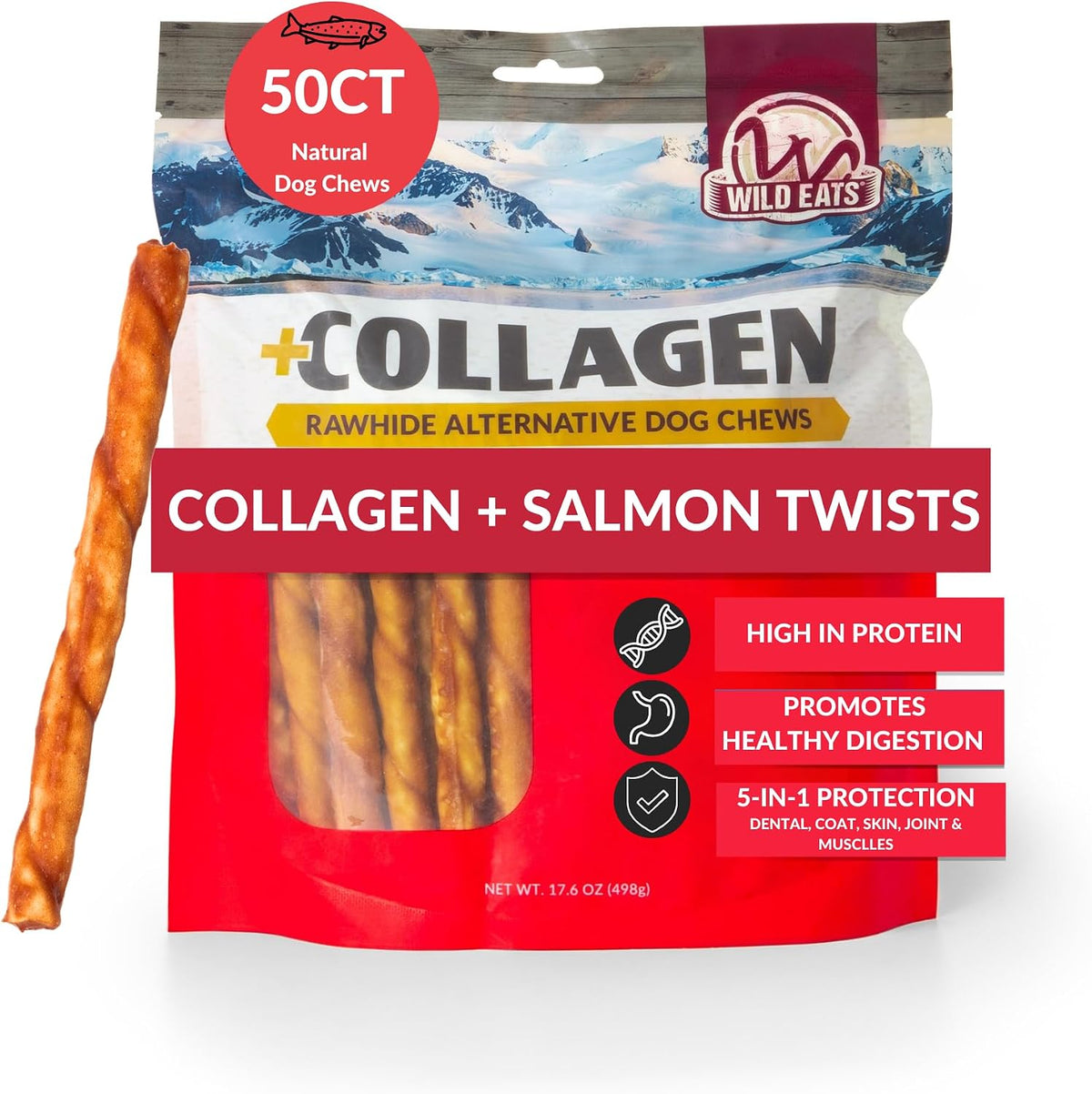 Wild Eats Salmon Flavor Collagen Twist Style Dog Chews, 50 Pack, 1 cm Wide