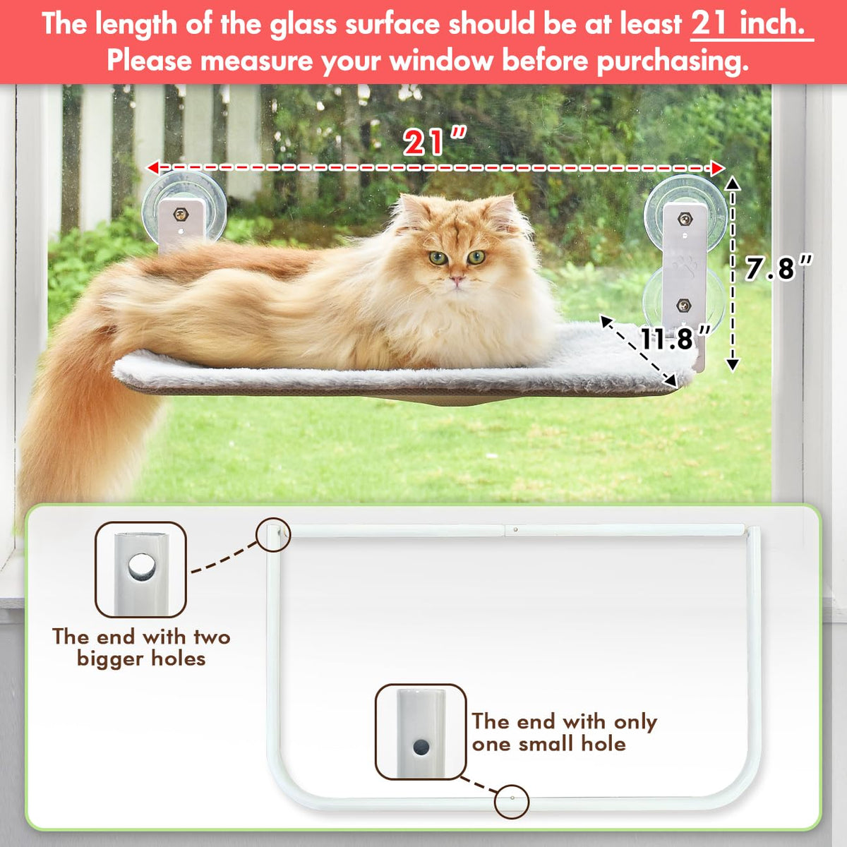 AMOSIJOY Cordless Cat Window Perch with Cushion Bed Metal Frame, L Gray