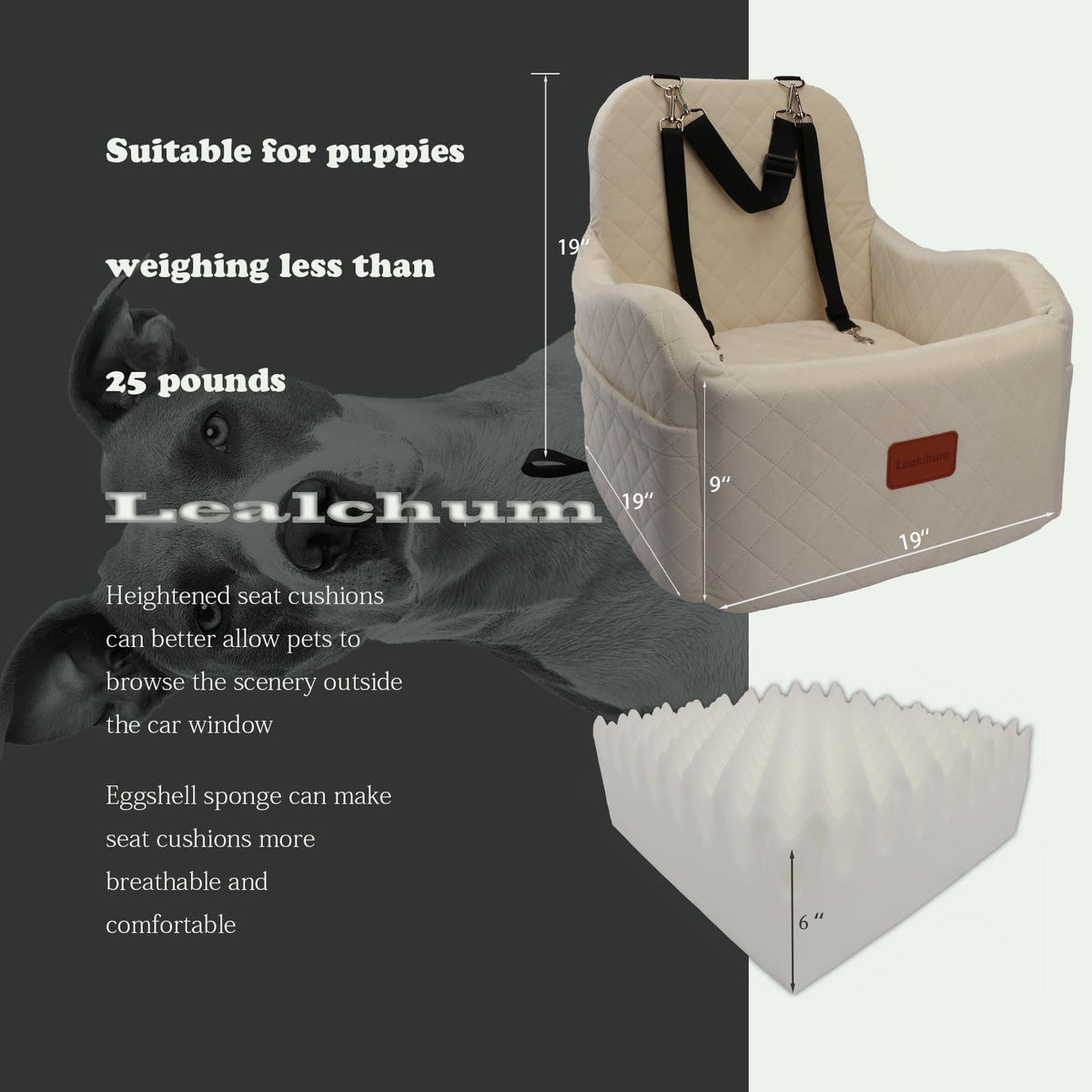 Lealchum Dog Booster Car Seat for S/M Dogs Up to 35lbs,Soft 6in Elevated Cushion,Fits in Front/Back Seat,Fully Detachable and Washable,2 Storage Pockets & 3 Straps,Easy to Install (Black/Brown,Medium)