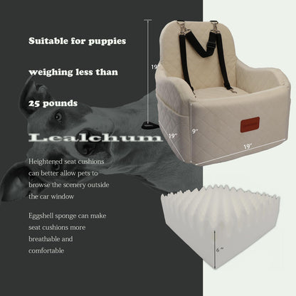 Lealchum Dog Booster Car Seat for S/M Dogs Up to 35lbs,Soft 6in Elevated Cushion,Fits in Front/Back Seat,Fully Detachable and Washable,2 Storage Pockets & 3 Straps,Easy to Install (Black/Brown,Medium)