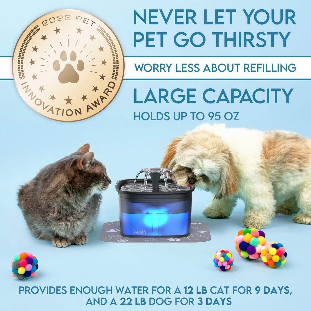 Veken Innovation Award Winner 95oz/2.8L Cat Water Fountain, C1 Classic