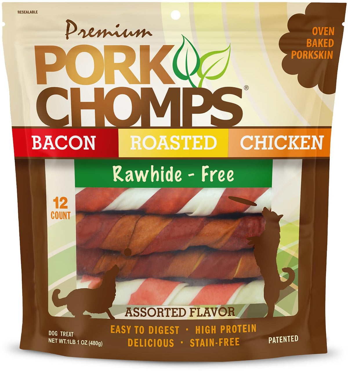 Pork Chomps Baked Pork Skin Dog Chews, 6 in Twists, Assorted Flavors, 24 Ct