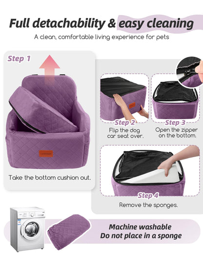 Lealchum Dog Booster Car Seat for S/M Dogs Up to 35lbs,Soft 6in Elevated Cushion,Fits in Front/Back Seat,Fully Detachable and Washable,2 Storage Pockets & 3 Straps,Easy to Install (Black/Brown,Medium)