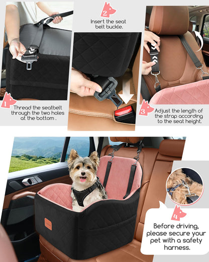 Lealchum Dog Booster Car Seat for S/M Dogs Up to 35lbs,Soft 6in Elevated Cushion,Fits in Front/Back Seat,Fully Detachable and Washable,2 Storage Pockets & 3 Straps,Easy to Install (Black/Brown,Medium)