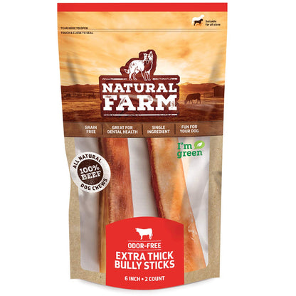 Natural Farm Odor-Free Bully Sticks (6 Inch, 25 count),1.3 lb. Bag, Fully Digestible 100% Beef Pizzle Chews,Grass-Fed, Non-GMO,Grain-Free, Natural Long-Lasting Chews for Small & Large Dogs. Pack of 25