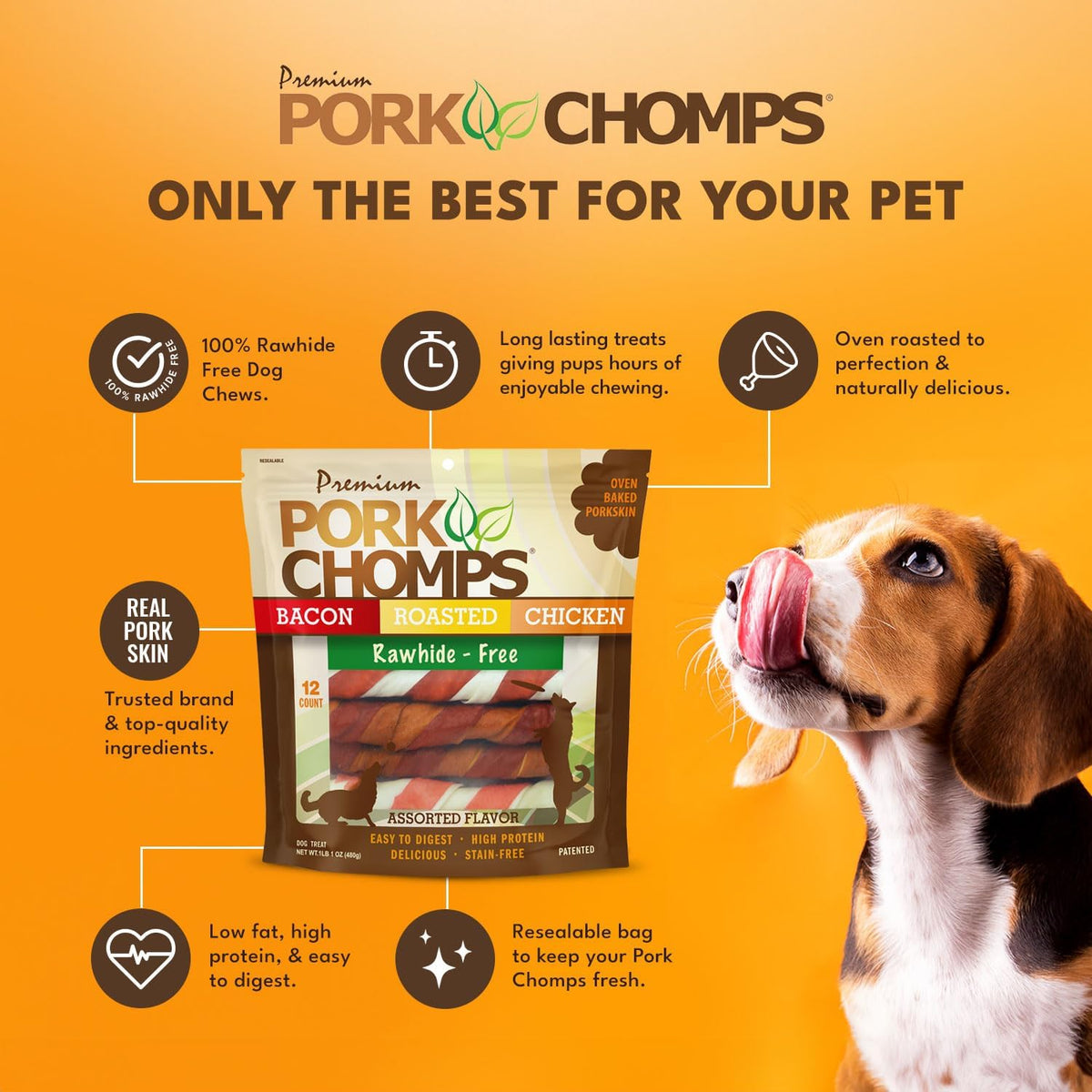 Pork Chomps Baked Pork Skin Dog Chews, 6 in Twists, Assorted Flavors, 12 Ct