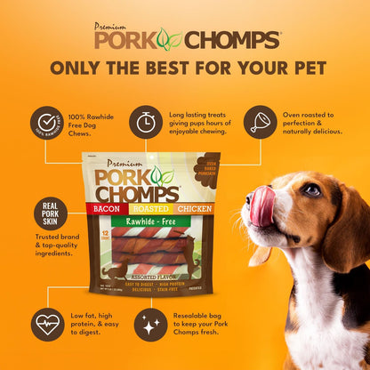 Pork Chomps Baked Pork Skin Dog Chews, 6 in Twists, Assorted Flavors, 12 Ct