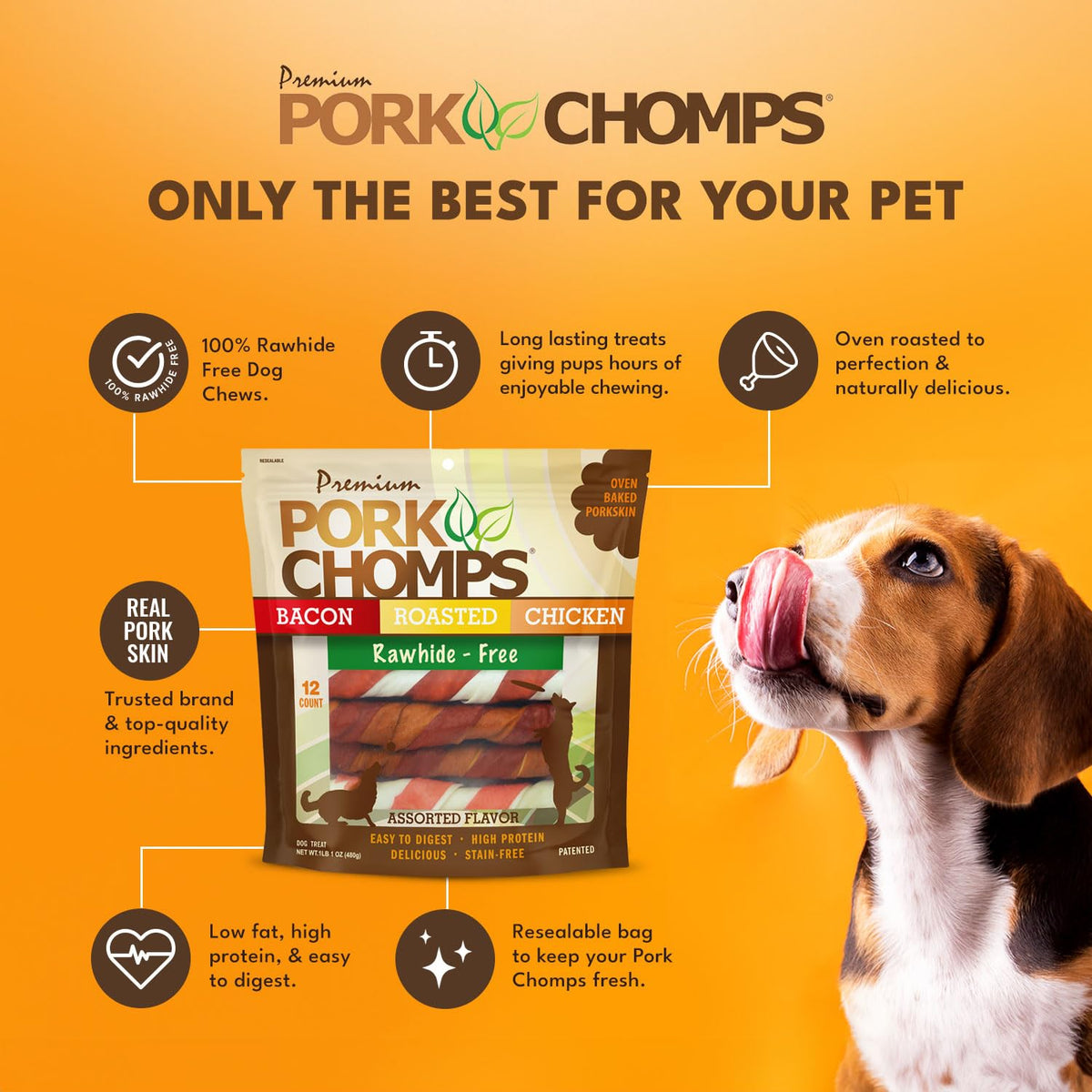 Pork Chomps Baked Pork Skin Dog Chews, 6 in Twists, Assorted Flavors, 24 Ct