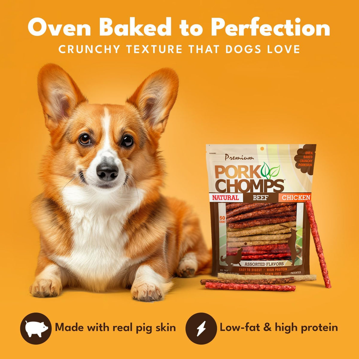 Pork Chomps Dog Chews, 5 in Munchy Sticks, Assorted Flavors, 50 Count