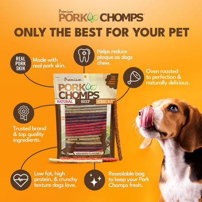 Pork Chomps Dog Chews, 5 in Munchy Sticks, Assorted Flavors, 50 Count