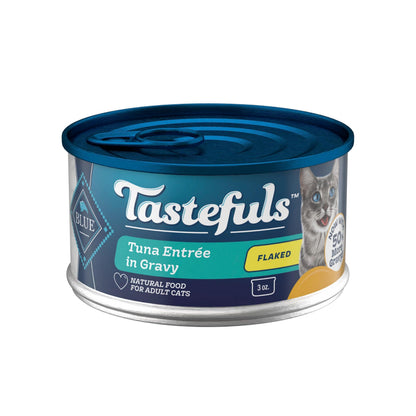 Blue Buffalo Tastefuls Wet Cat Food, Made with Natural Ingredients, Tuna and Chicken Flaked Entrées in Gravy, 3oz Cans, 4-Count Variety Pack Trial Size