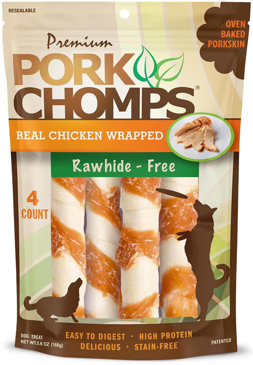 Pork Chomps Baked Pork Skin Dog Chews, 6 in Twists, Peanut Butter, 4 Count
