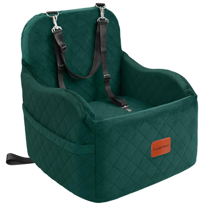 Lealchum Dog Booster Car Seat for S/M Dogs Up to 35lbs,Soft 6in Elevated Cushion,Fits in Front/Back Seat,Fully Detachable and Washable,2 Storage Pockets & 3 Straps,Easy to Install (Black/Brown,Medium)