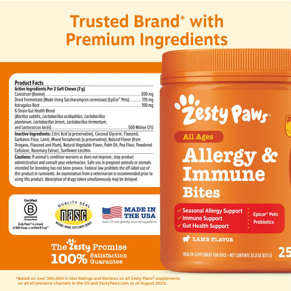 Zesty Paws Dog Allergy Chews - Dog Allergy Relief, Lamb, 90 Ct