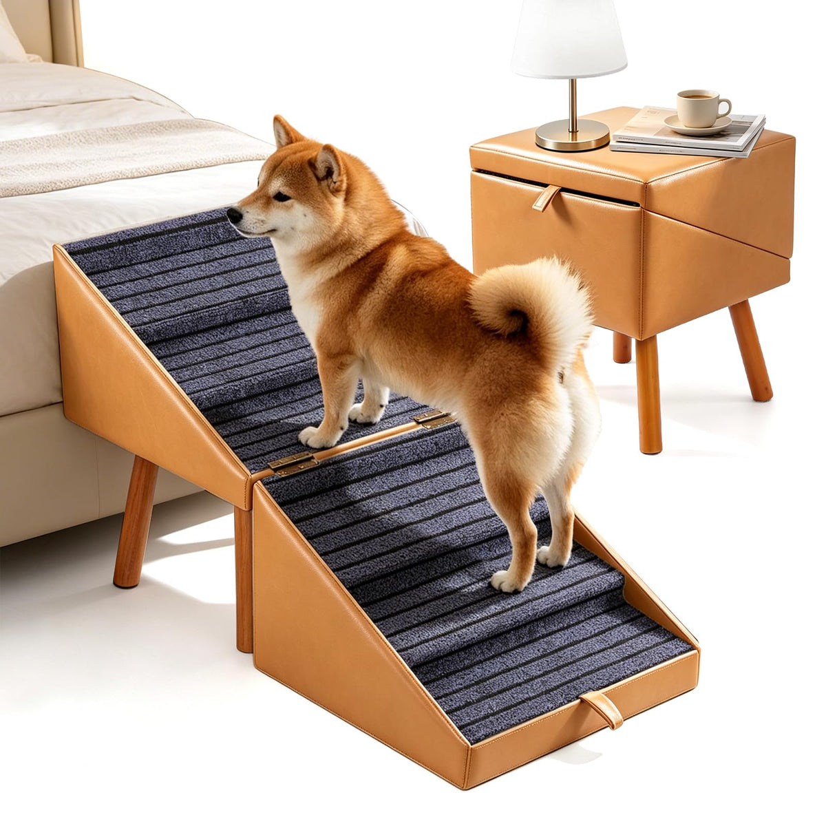 Dog Stairs for Small Dogs Faux Leather Foldable Pet Ramp and Ottoman