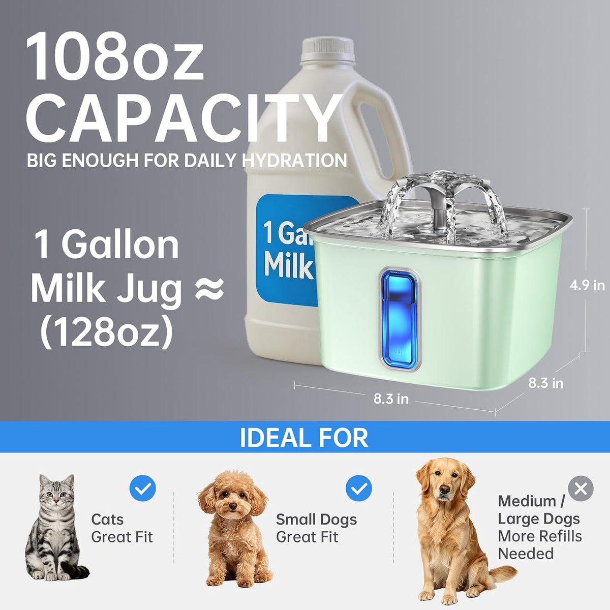 Veken Innovation Award Winner Stainless Steel Cat Water Fountain, 108oz, C1