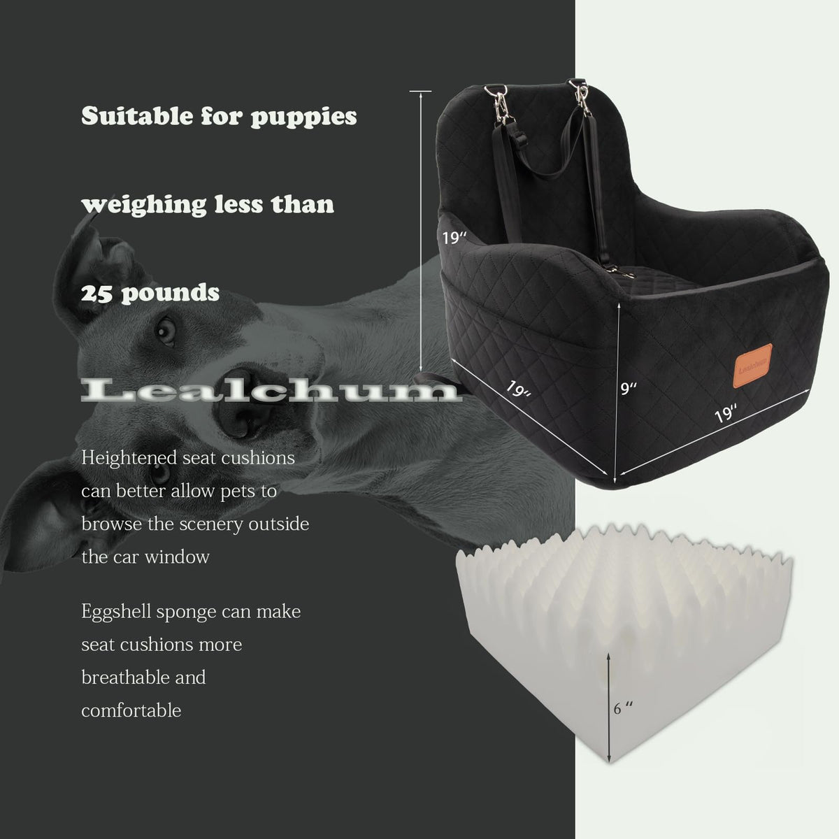 Lealchum Dog Booster Car Seat for S/M Dogs Up to 35lbs,Soft 6in Elevated Cushion,Fits in Front/Back Seat,Fully Detachable and Washable,2 Storage Pockets & 3 Straps,Easy to Install (Black/Brown,Medium)