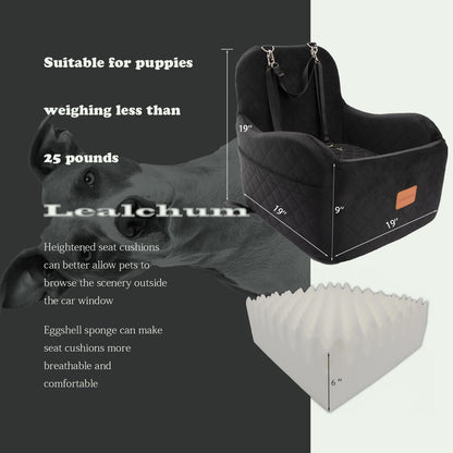 Lealchum Dog Booster Car Seat for S/M Dogs Up to 35lbs,Soft 6in Elevated Cushion,Fits in Front/Back Seat,Fully Detachable and Washable,2 Storage Pockets & 3 Straps,Easy to Install (Black/Brown,Medium)