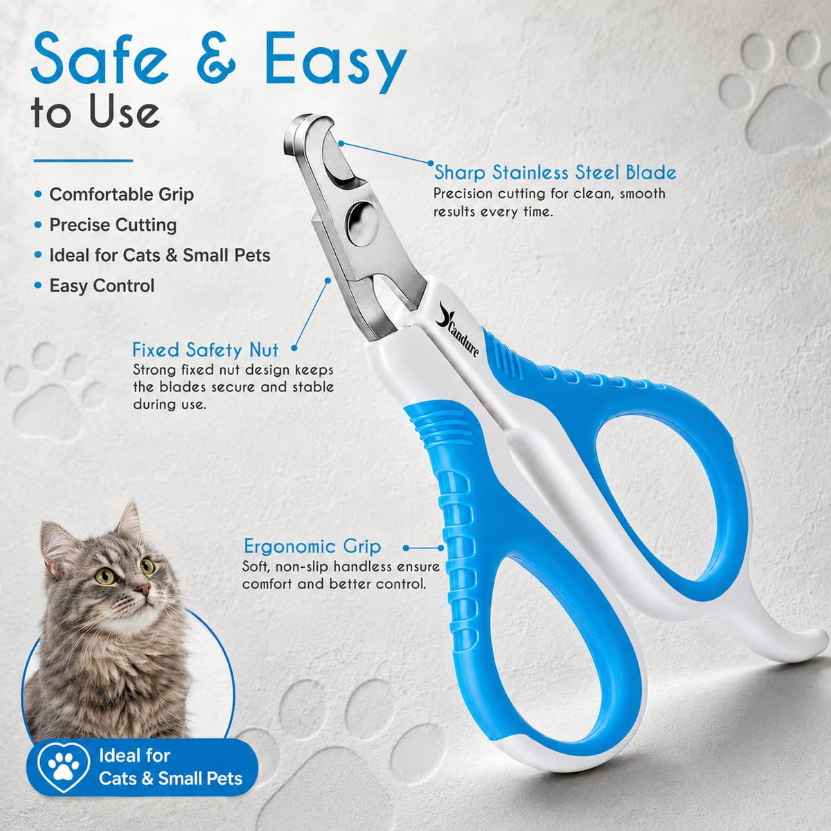 Candure Cat Nail Clippers for Indoor Cats, Rabbits, Hamsters, Birds with Precise Angled Edges to Ensure Easy & Safe Trimming Stainless Steel Cat Nail Trimmer for At-Home Cat Grooming